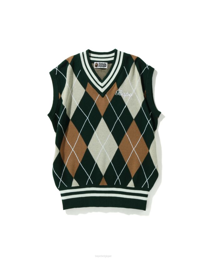 gilet en maille losange brodée A Bathing Ape femmes ZHX6N41006 armée verte