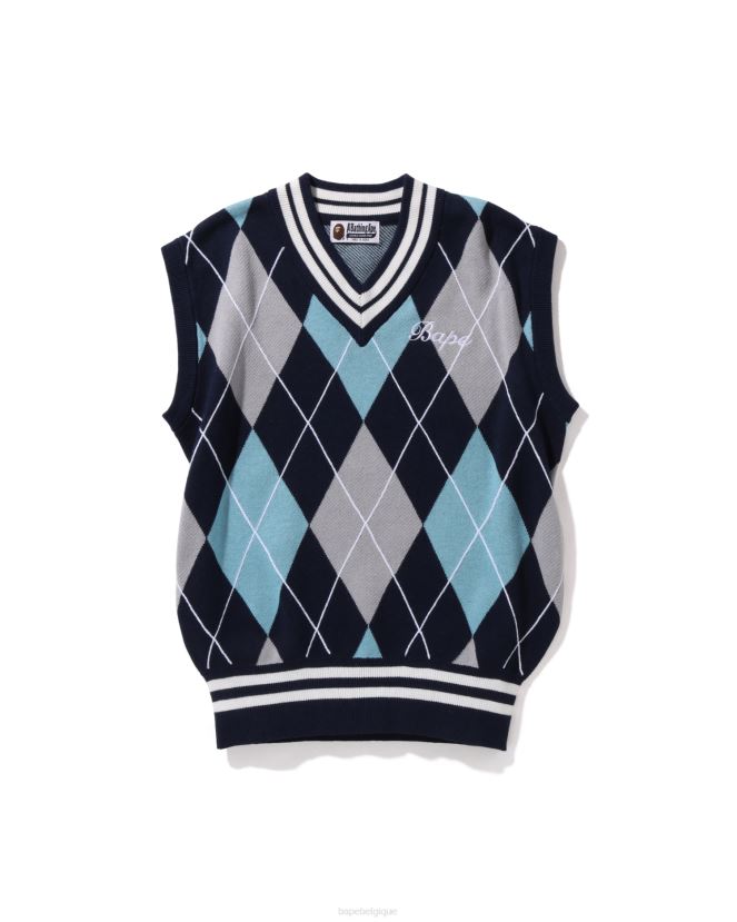 gilet en maille losange brodée A Bathing Ape femmes ZHX6N41007 bleu