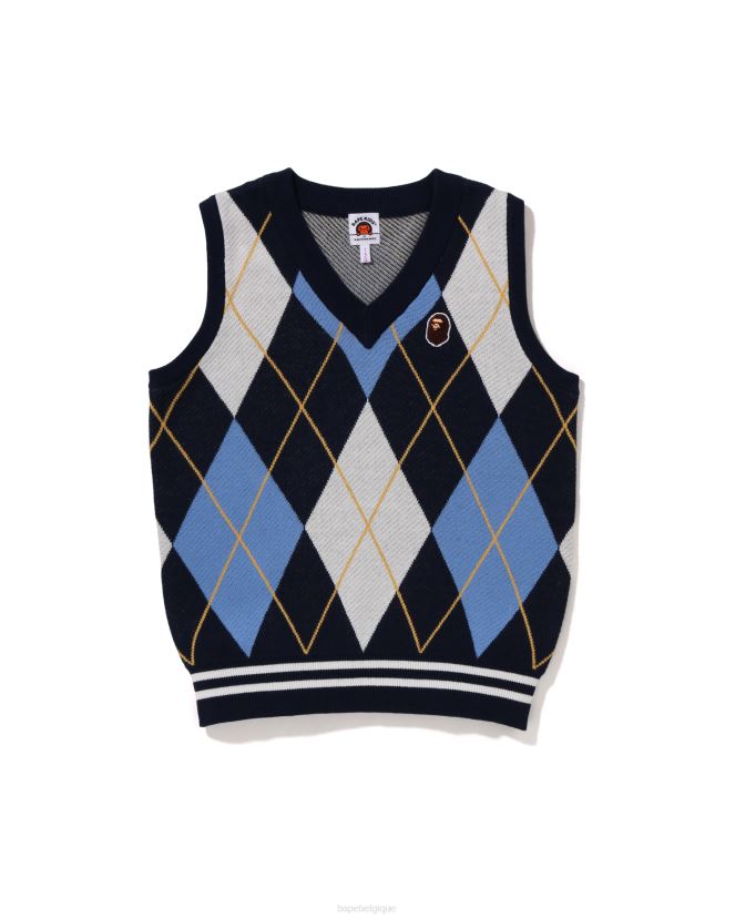 patch tête gilet en tricot argyle jr A Bathing Ape enfants ZHX6N41689 bleu