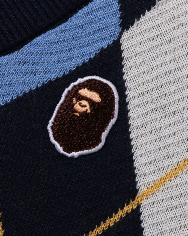 patch tête gilet en tricot argyle jr A Bathing Ape enfants ZHX6N41689 bleu