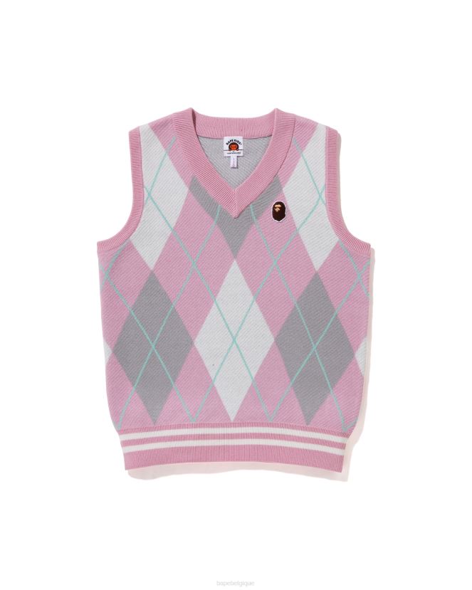 patch tête gilet en tricot argyle jr A Bathing Ape enfants ZHX6N41690 rose