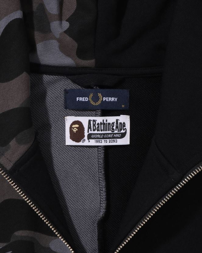 x fred perry sweat à capuche zippé camouflage couleur A Bathing Ape Hommes ZHX6N4215 noir